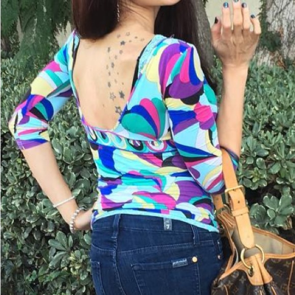 Emilio Pucci Plunge V-Neck 3/4 Length Sleeve Multi-Colored Marmo Print Top XS - Picture 2 of 12